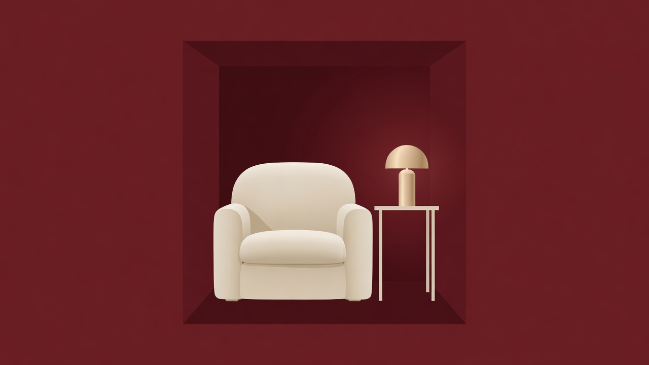 Flat vector illustration of a compact burgundy reading nook with a cream chair, champagne lamp and narrow side table