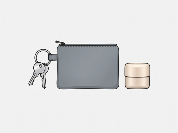 Flat illustration of a compact everyday pouch, key ring and champagne-toned accessory