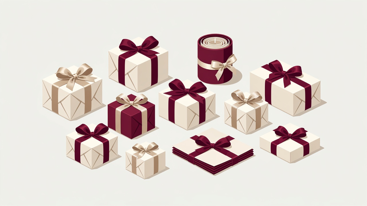 Flat illustration of carefully wrapped small home gifts in cream, burgundy and champagne tones
